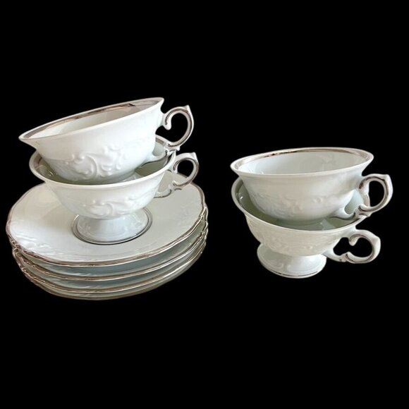 Wawel Poland 4 Embossed China Footed Teacups & Saucers White Platinum Trim - Picture 1 of 12